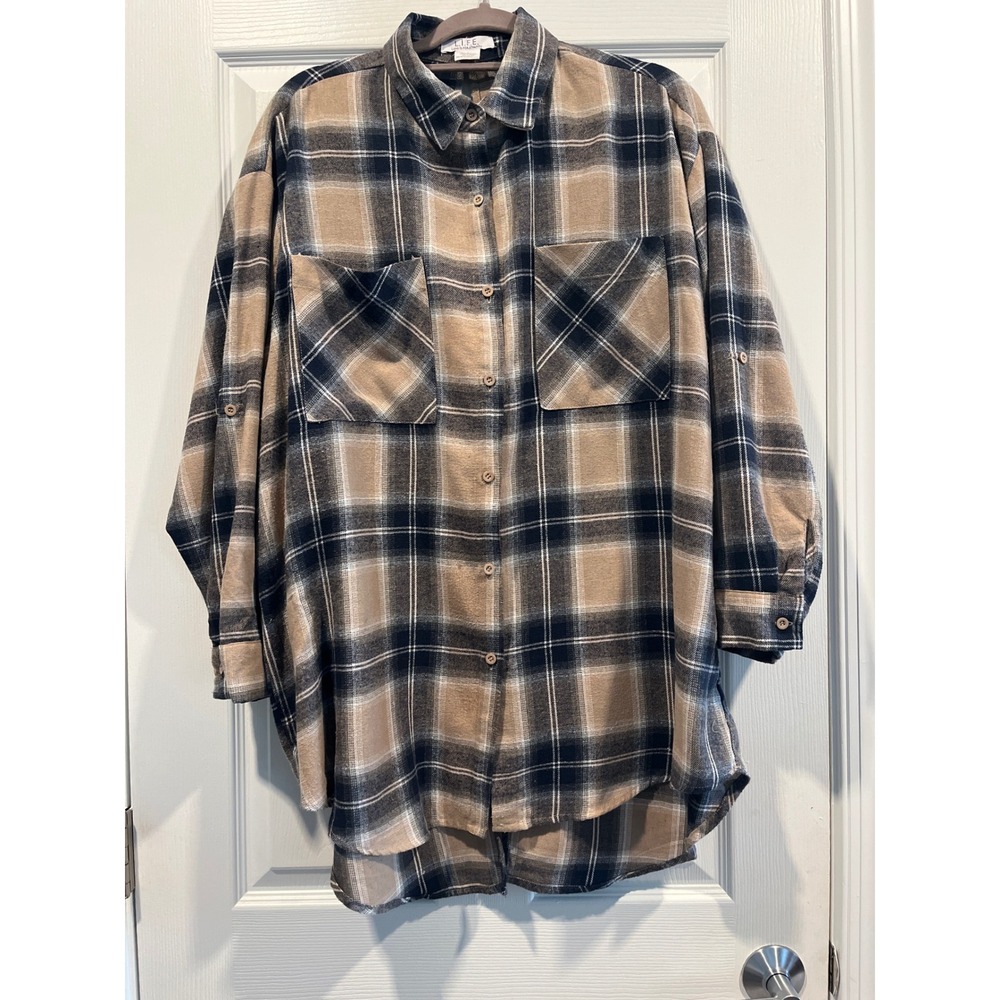 LIFE Love Is For Eternity Tan Navy Plaid Open Tie Back Flannel Shacket Large‎